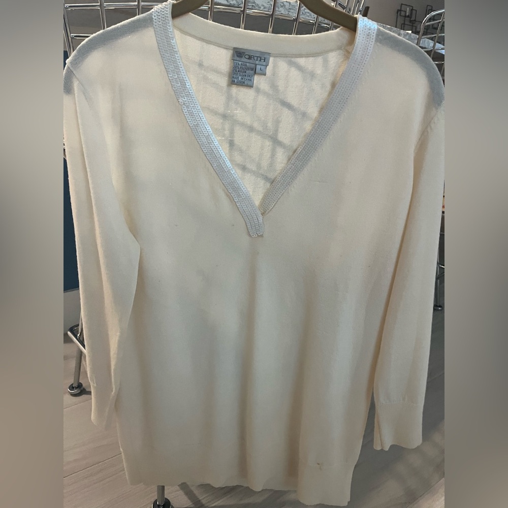 Worth Cream Sweater with Cream Sequin Accents Around Neckline